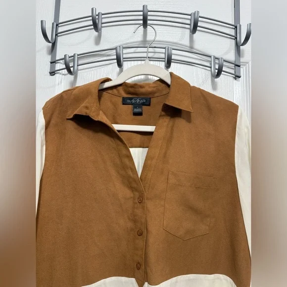 August Silk Women’s L Blouse Faux Suede Brown Cream Western Neutral Career EUC - Picture 12 of 16